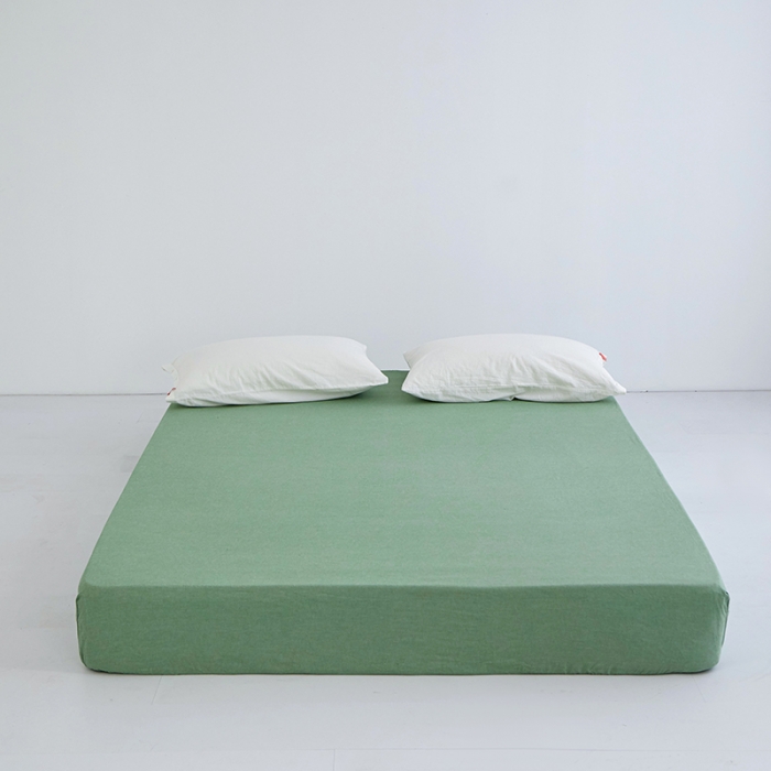 91家纺网 家纺一手货源 找家纺 安莱生活 2023新款水洗棉全棉色织高支高密纽扣款工艺单品床笠 嫩绿