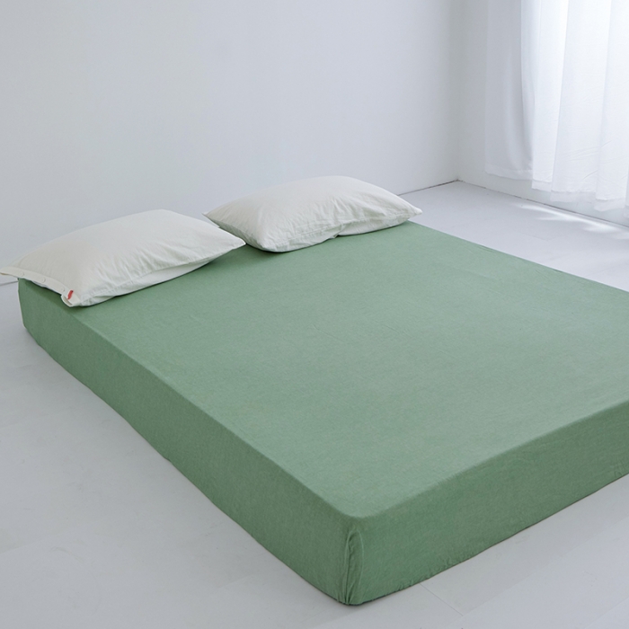 91家纺网 家纺一手货源 找家纺 安莱生活 2023新款水洗棉全棉色织高支高密纽扣款工艺单品床笠 嫩绿