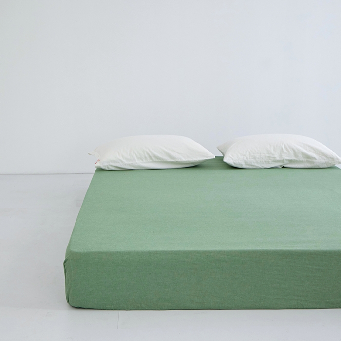 91家纺网 家纺一手货源 找家纺 安莱生活 2023新款水洗棉全棉色织高支高密纽扣款工艺单品床笠 嫩绿