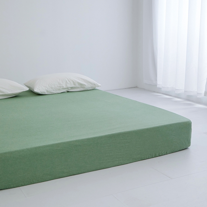 91家纺网 家纺一手货源 找家纺 安莱生活 2023新款水洗棉全棉色织高支高密纽扣款工艺单品床笠 嫩绿