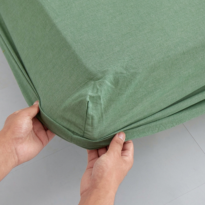 91家纺网 家纺一手货源 找家纺 安莱生活 2023新款水洗棉全棉色织高支高密纽扣款工艺单品床笠 嫩绿