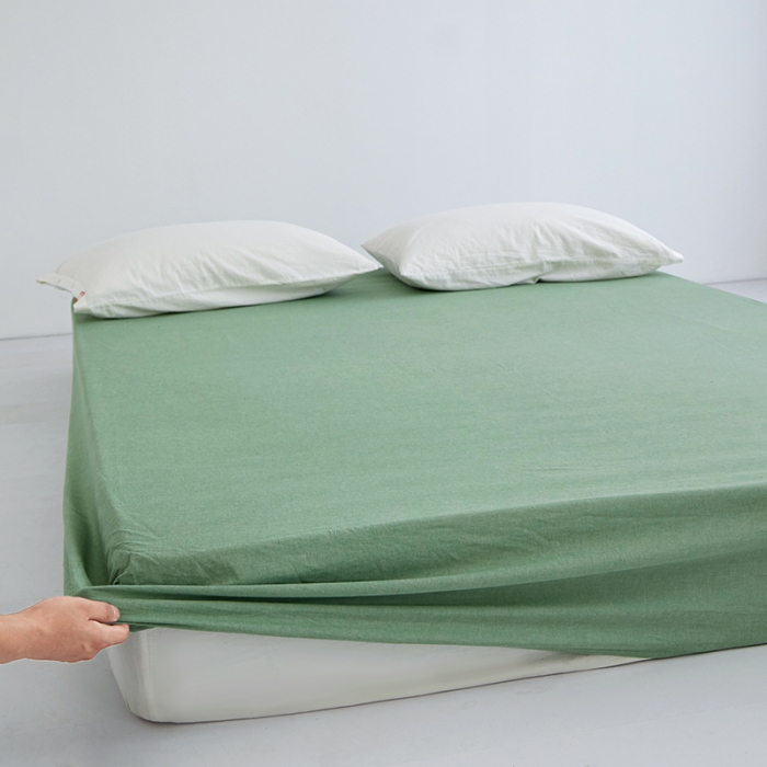 91家纺网 家纺一手货源 找家纺 安莱生活 2023新款水洗棉全棉色织高支高密纽扣款工艺单品床笠 嫩绿