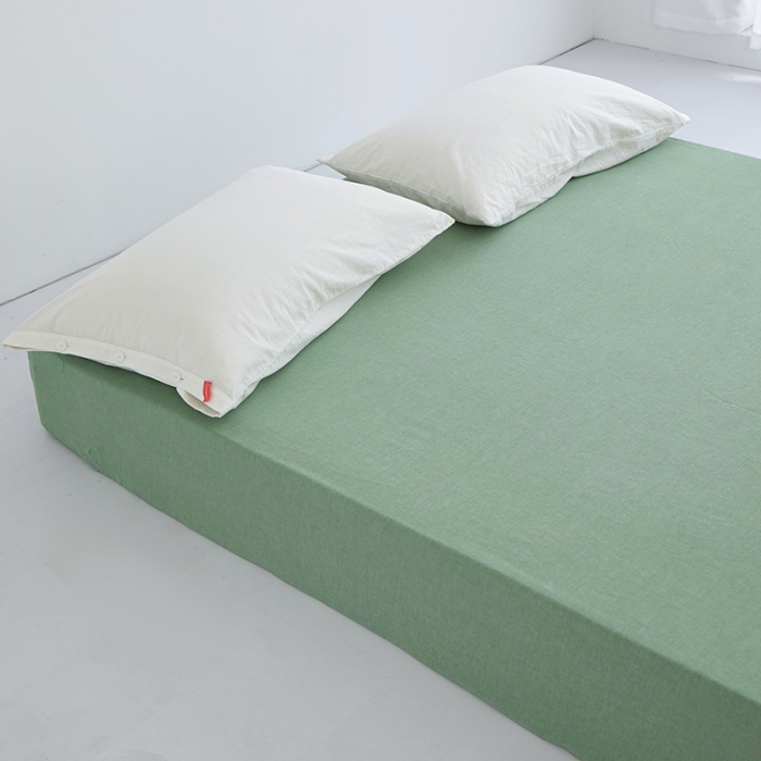 91家纺网 家纺一手货源 找家纺 安莱生活 2023新款水洗棉全棉色织高支高密纽扣款工艺单品床笠 嫩绿