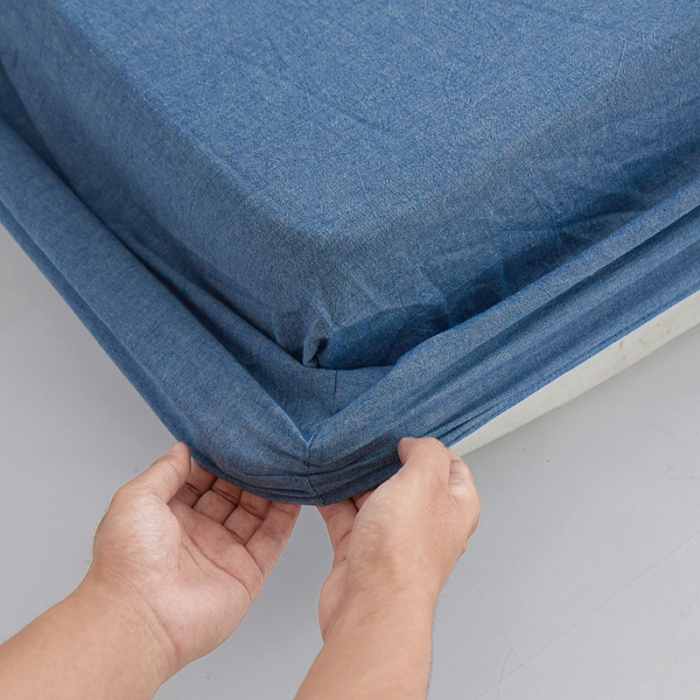 91家纺网 家纺一手货源 找家纺 安莱生活 2023新款水洗棉全棉色织高支高密纽扣款工艺单品床笠 深蓝