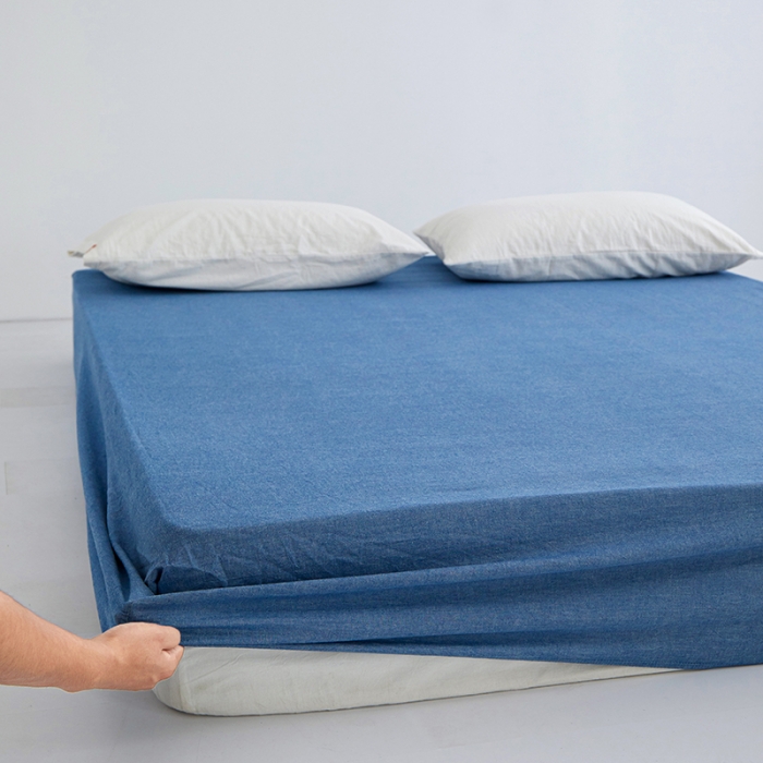 91家纺网 家纺一手货源 找家纺 安莱生活 2023新款水洗棉全棉色织高支高密纽扣款工艺单品床笠 深蓝