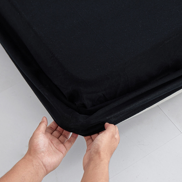 91家纺网 家纺一手货源 找家纺 安莱生活 2023新款水洗棉全棉色织高支高密纽扣款工艺单品床笠 炭黑