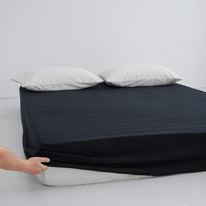 91家纺网 家纺一手货源 找家纺 安莱生活 2023新款水洗棉全棉色织高支高密纽扣款工艺单品床笠 炭黑