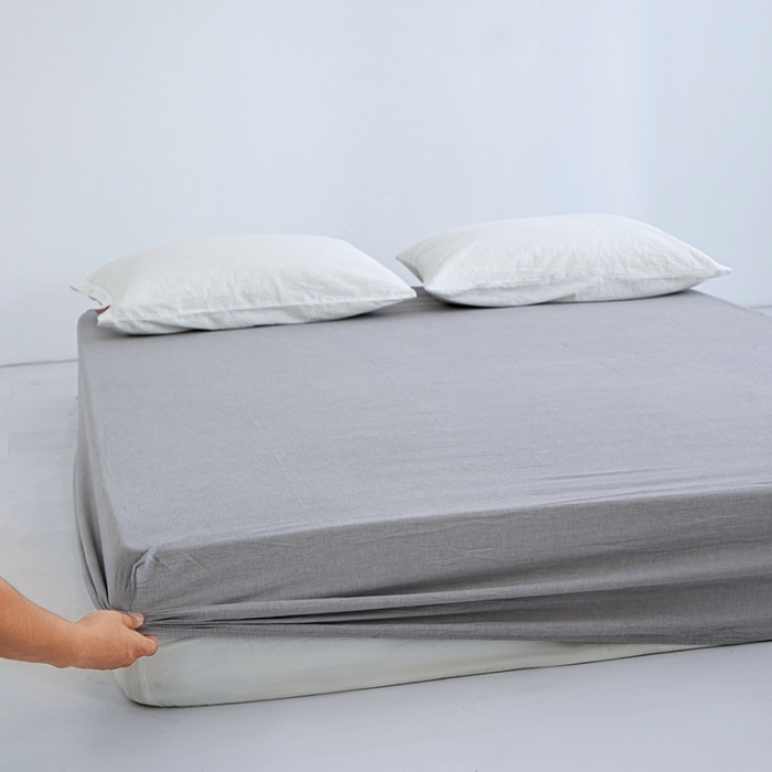 91家纺网 家纺一手货源 找家纺 安莱生活 2023新款水洗棉全棉色织高支高密纽扣款工艺单品床笠 银灰