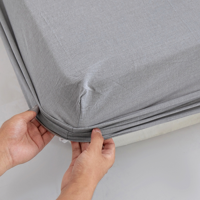 91家纺网 家纺一手货源 找家纺 安莱生活 2023新款水洗棉全棉色织高支高密纽扣款工艺单品床笠 银灰