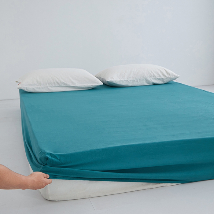 91家纺网 家纺一手货源 找家纺 安莱生活 2023新款水洗棉全棉色织高支高密纽扣款工艺单品床笠 筠雾