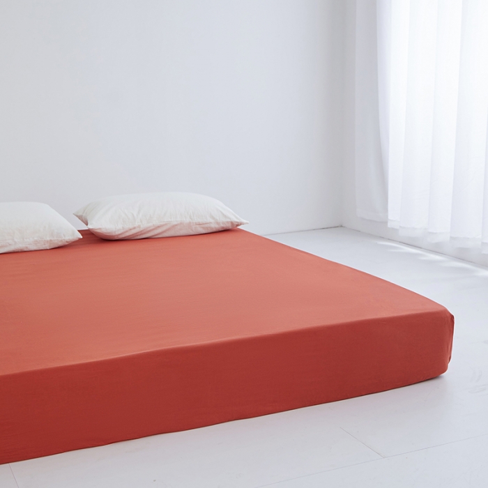 91家纺网 家纺一手货源 找家纺 安莱生活 2023新款水洗棉全棉色织高支高密纽扣款工艺单品床笠 砖红