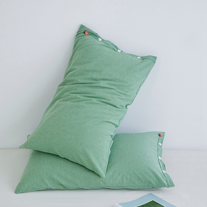 91家纺网 家纺一手货源 找家纺 安莱生活 2023新款水洗棉全棉色织高支高密纽扣款工艺单品枕套 嫩绿