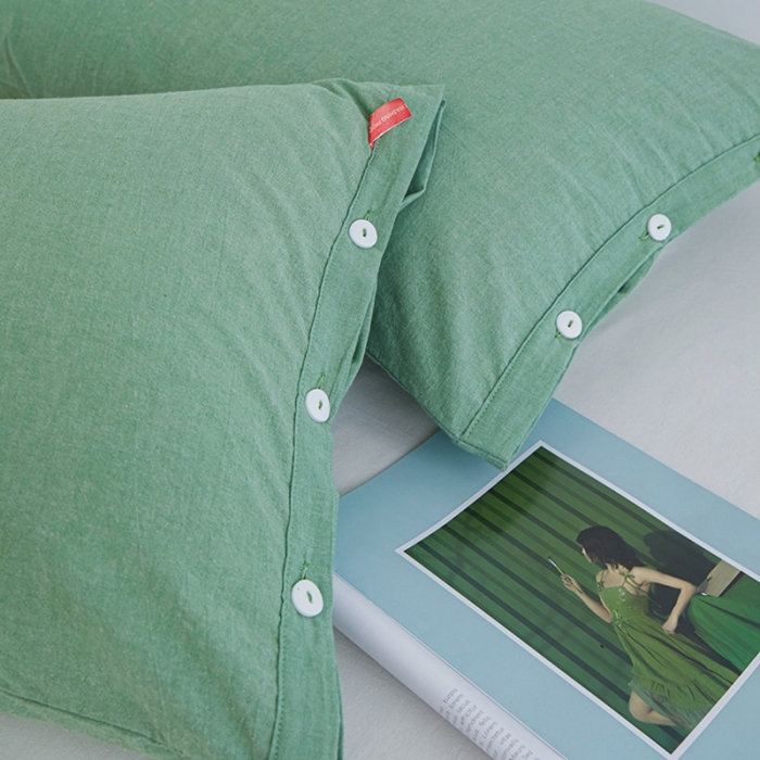 91家纺网 家纺一手货源 找家纺 安莱生活 2023新款水洗棉全棉色织高支高密纽扣款工艺单品枕套 嫩绿