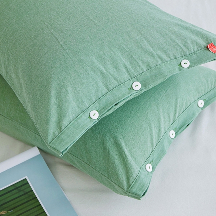 91家纺网 家纺一手货源 找家纺 安莱生活 2023新款水洗棉全棉色织高支高密纽扣款工艺单品枕套 嫩绿