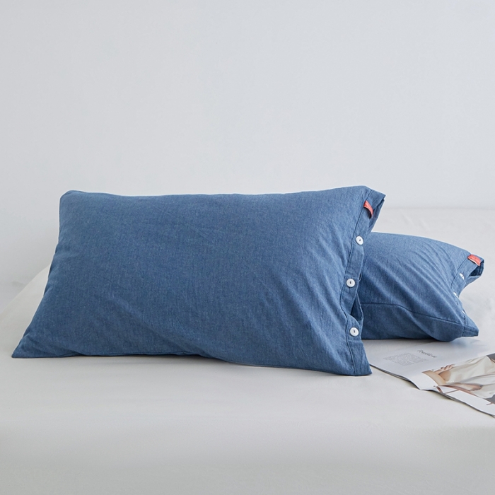 91家纺网 家纺一手货源 找家纺 安莱生活 2023新款水洗棉全棉色织高支高密纽扣款工艺单品枕套 深蓝