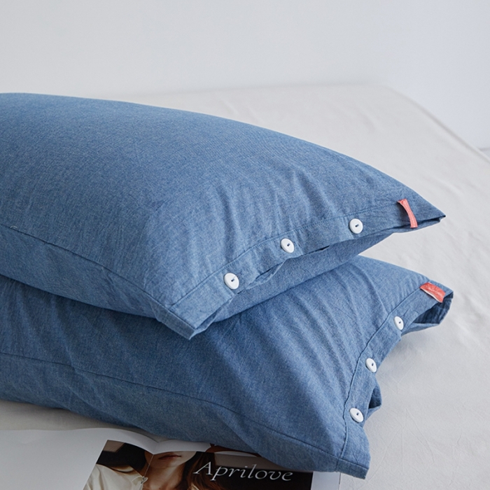 91家纺网 家纺一手货源 找家纺 安莱生活 2023新款水洗棉全棉色织高支高密纽扣款工艺单品枕套 深蓝