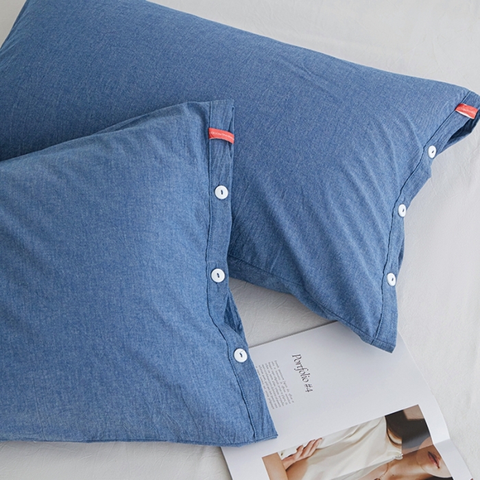 91家纺网 家纺一手货源 找家纺 安莱生活 2023新款水洗棉全棉色织高支高密纽扣款工艺单品枕套 深蓝