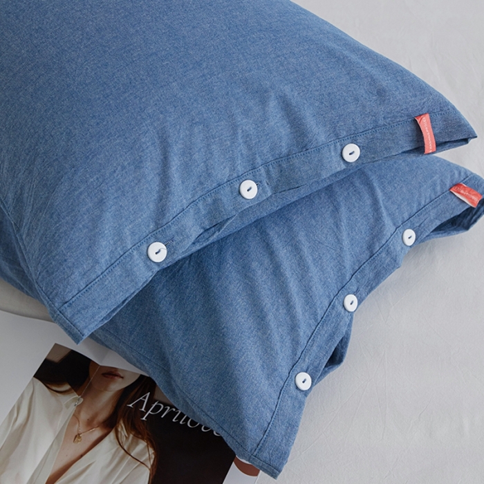 91家纺网 家纺一手货源 找家纺 安莱生活 2023新款水洗棉全棉色织高支高密纽扣款工艺单品枕套 深蓝