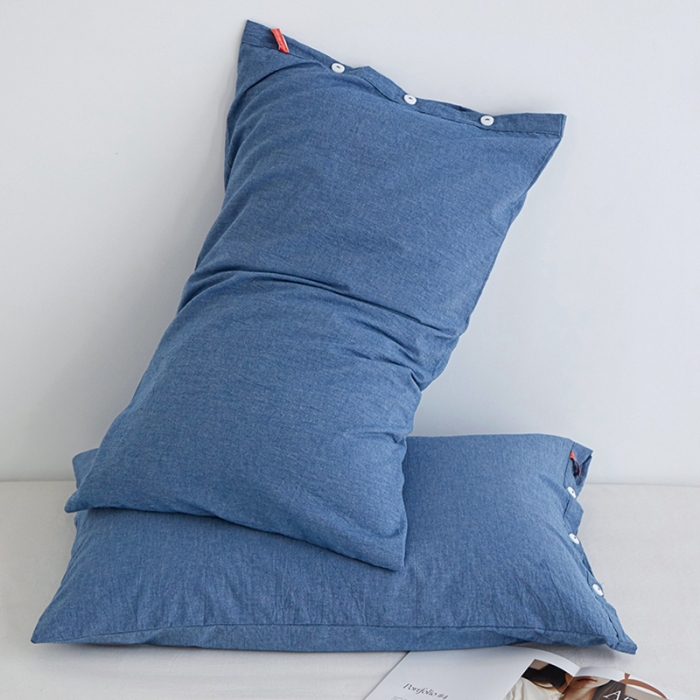 91家纺网 家纺一手货源 找家纺 安莱生活 2023新款水洗棉全棉色织高支高密纽扣款工艺单品枕套 深蓝