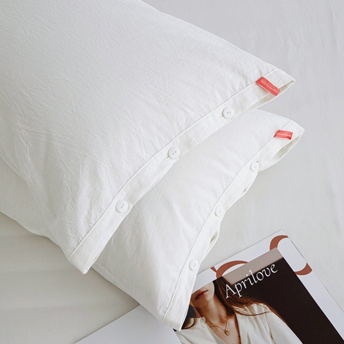 91家纺网 家纺一手货源 找家纺 安莱生活 2023新款水洗棉全棉色织高支高密纽扣款工艺单品枕套 纯白