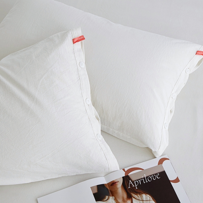 91家纺网 家纺一手货源 找家纺 安莱生活 2023新款水洗棉全棉色织高支高密纽扣款工艺单品枕套 纯白