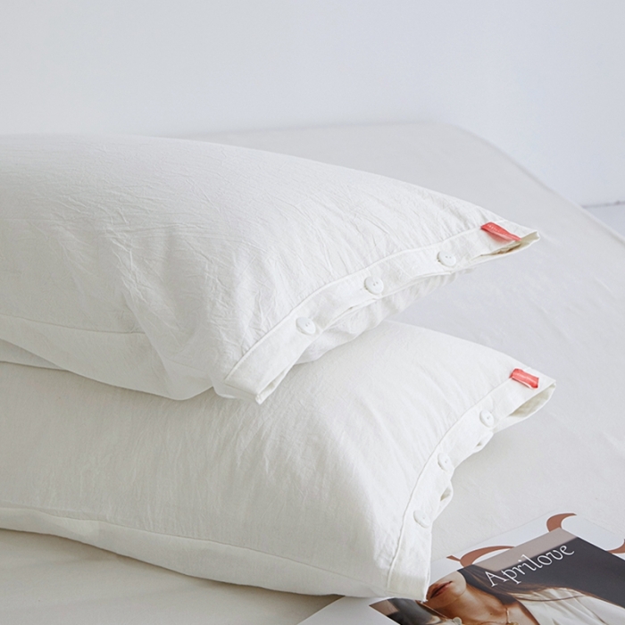 91家纺网 家纺一手货源 找家纺 安莱生活 2023新款水洗棉全棉色织高支高密纽扣款工艺单品枕套 纯白