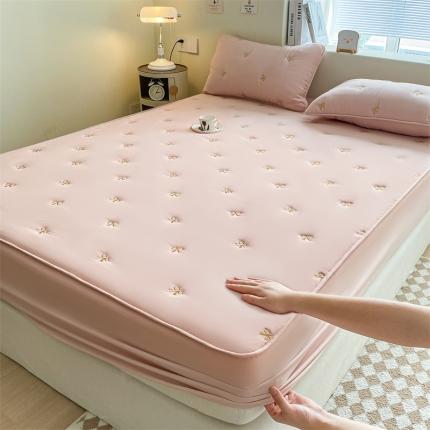 居眠 2023新款A类大豆刺绣小清新床笠 蝴蝶结-粉玉