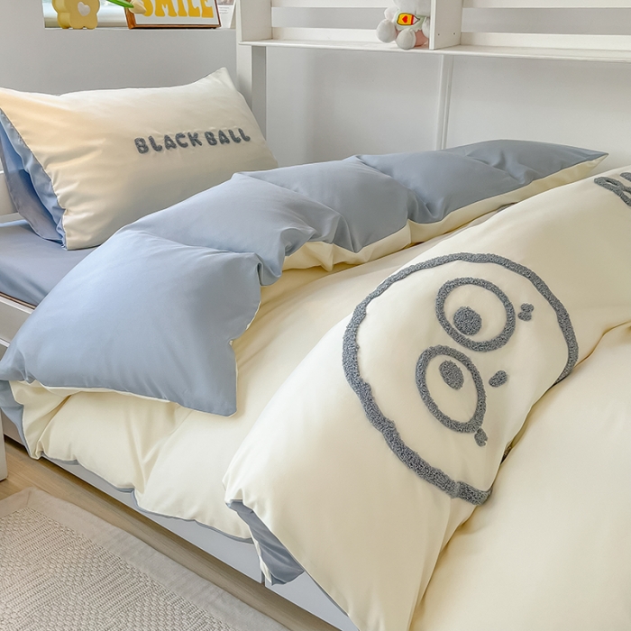 91家纺网 家纺一手货源 找家纺 眠帛 2023新款水洗棉毛巾绣煤球系列学生三件套六件套 煤球蓝灰