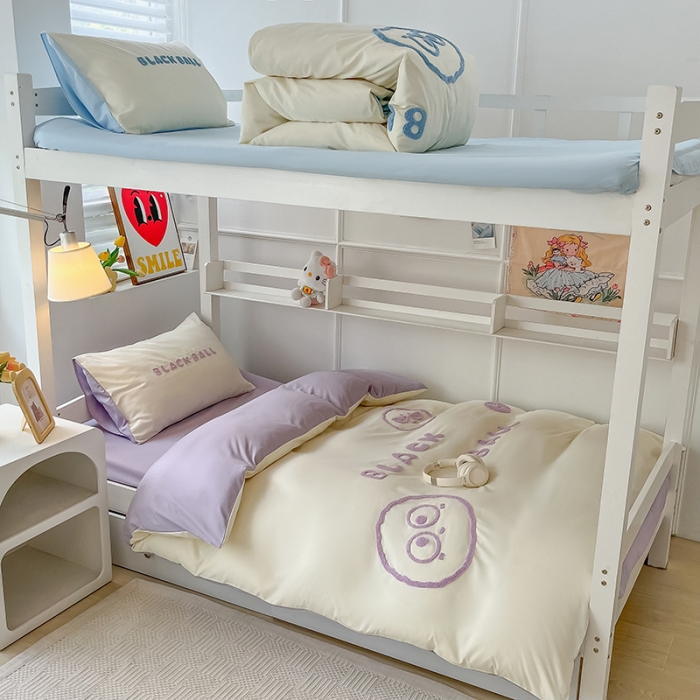 91家纺网 家纺一手货源 找家纺 眠帛 2023新款水洗棉毛巾绣煤球系列学生三件套六件套 煤球浅紫