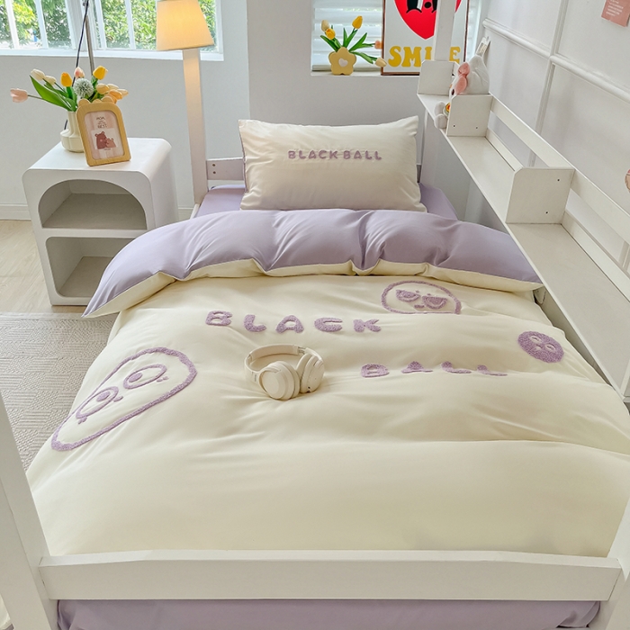 91家纺网 家纺一手货源 找家纺 眠帛 2023新款水洗棉毛巾绣煤球系列学生三件套六件套 煤球浅紫