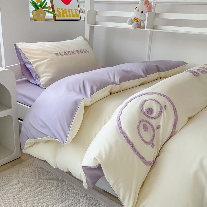 91家纺网 家纺一手货源 找家纺 眠帛 2023新款水洗棉毛巾绣煤球系列学生三件套六件套 煤球浅紫