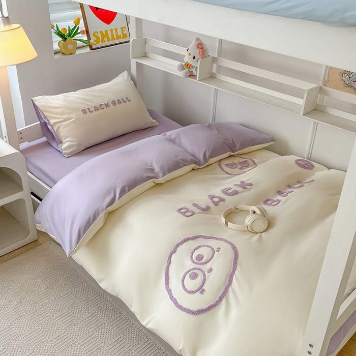 91家纺网 家纺一手货源 找家纺 眠帛 2023新款水洗棉毛巾绣煤球系列学生三件套六件套 煤球浅紫