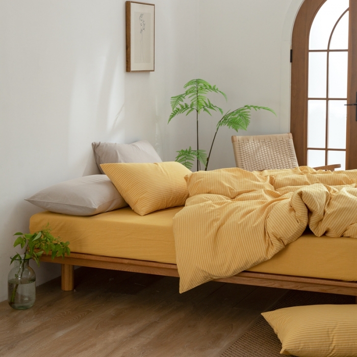 91家纺网 家纺一手货源 找家纺 棉邦 2023新款A类全棉色织水洗棉四件套-第二批 黄细条