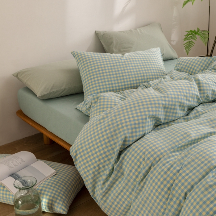 91家纺网 家纺一手货源 找家纺 棉邦 2023新款A类全棉色织水洗棉四件套-第二批 蓝黄小格