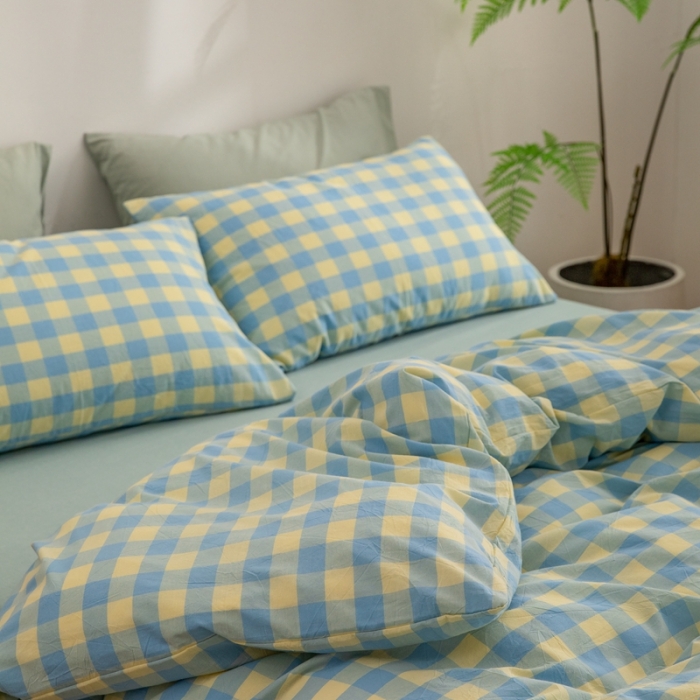 91家纺网 家纺一手货源 找家纺 棉邦 2023新款A类全棉色织水洗棉四件套-第二批 蓝黄中格