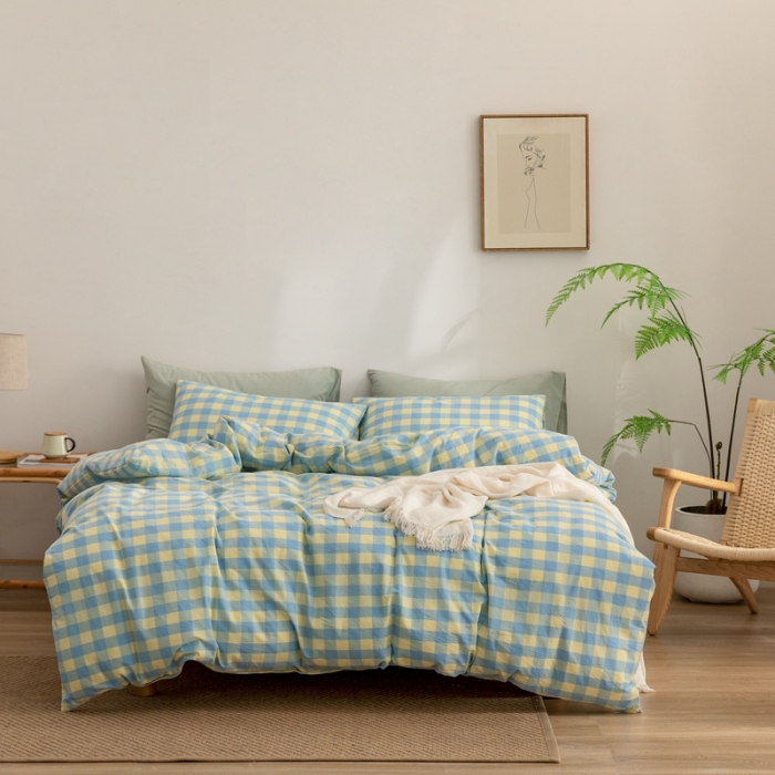 91家纺网 家纺一手货源 找家纺 棉邦 2023新款A类全棉色织水洗棉四件套-第二批 蓝黄中格