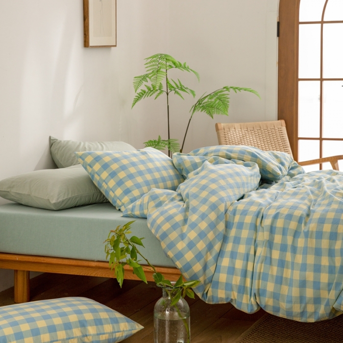 91家纺网 家纺一手货源 找家纺 棉邦 2023新款A类全棉色织水洗棉四件套-第二批 蓝黄中格