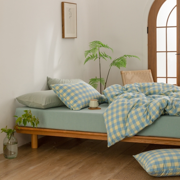 91家纺网 家纺一手货源 找家纺 棉邦 2023新款A类全棉色织水洗棉四件套-第二批 蓝黄中格