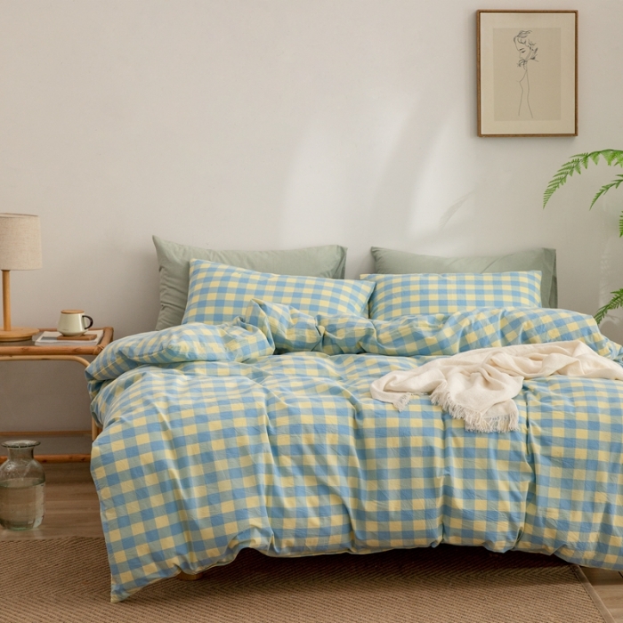 91家纺网 家纺一手货源 找家纺 棉邦 2023新款A类全棉色织水洗棉四件套-第二批 蓝黄中格