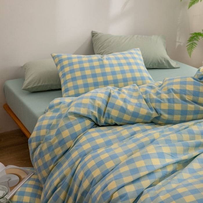 91家纺网 家纺一手货源 找家纺 棉邦 2023新款A类全棉色织水洗棉四件套-第二批 蓝黄中格