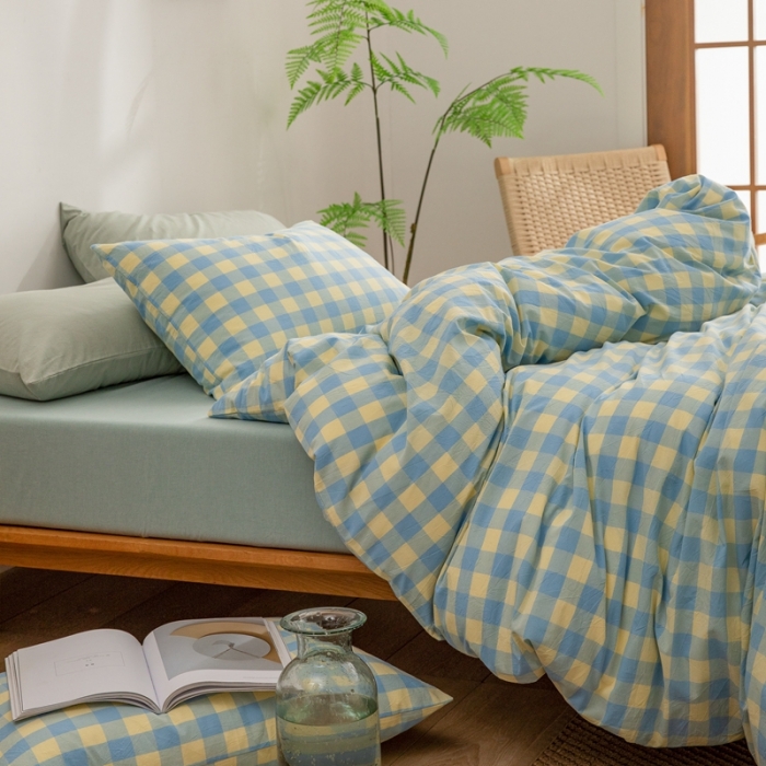 91家纺网 家纺一手货源 找家纺 棉邦 2023新款A类全棉色织水洗棉四件套-第二批 蓝黄中格