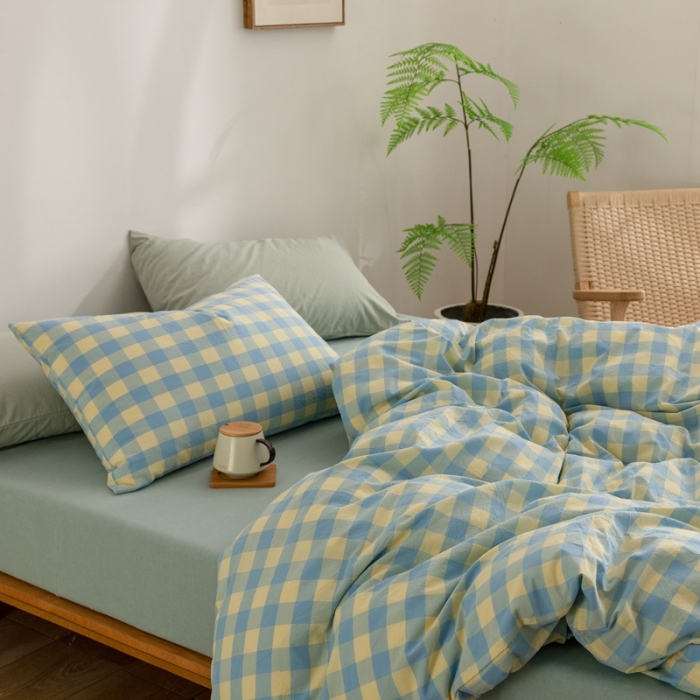 91家纺网 家纺一手货源 找家纺 棉邦 2023新款A类全棉色织水洗棉四件套-第二批 蓝黄中格