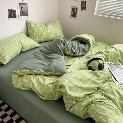 91家纺网 家纺一手货源 找家纺 卡斯诺家纺馆 2025新款简约亲肤105克无印风纽扣款四件套 浅绿小格