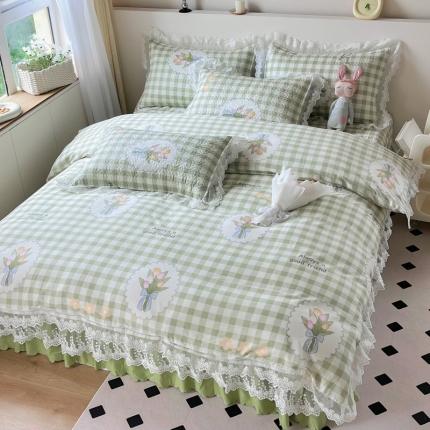 91家纺网 家纺一手货源 找家纺 添越 2024小清新韩版蕾丝款花边纯棉夹棉床盖三件套全棉茉彩-蕾丝款