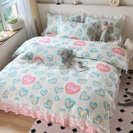 91家纺网 家纺一手货源 找家纺 添越2024小清新韩版蕾丝款花边纯棉夹棉床盖三件套全棉天使之心-蕾丝款