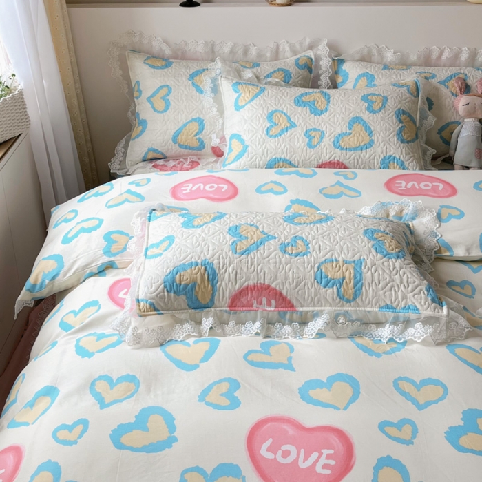 91家纺网 家纺一手货源 找家纺 添越2024小清新韩版蕾丝款花边纯棉夹棉床盖三件套全棉天使之心-蕾丝款