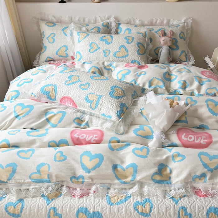 91家纺网 家纺一手货源 找家纺 添越2024小清新韩版蕾丝款花边纯棉夹棉床盖三件套全棉天使之心-蕾丝款