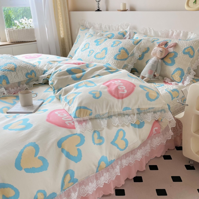 91家纺网 家纺一手货源 找家纺 添越2024小清新韩版蕾丝款花边纯棉夹棉床盖三件套全棉天使之心-蕾丝款