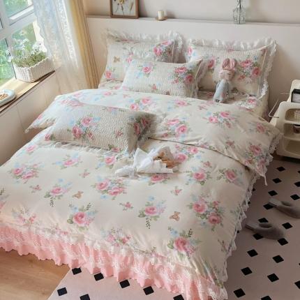 91家纺网 家纺一手货源 找家纺 添越2024小清新韩版蕾丝款花边纯棉夹棉床盖三件套全棉佳人有约蕾丝款