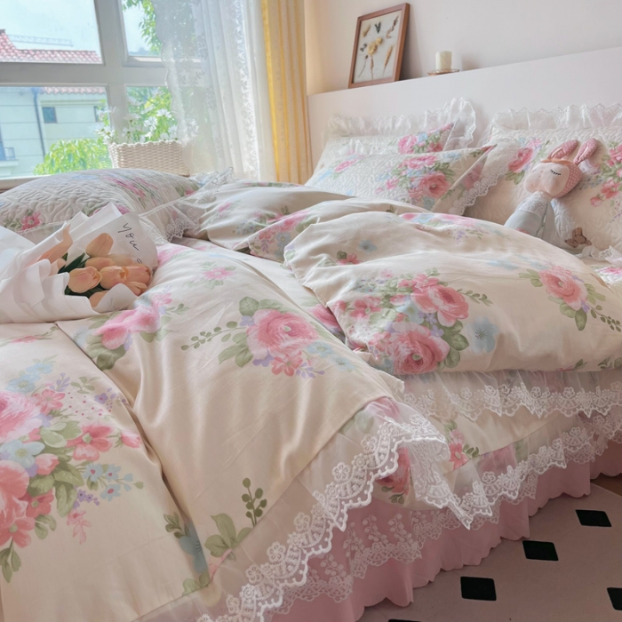 91家纺网 家纺一手货源 找家纺 添越2024小清新韩版蕾丝款花边纯棉夹棉床盖三件套全棉佳人有约蕾丝款